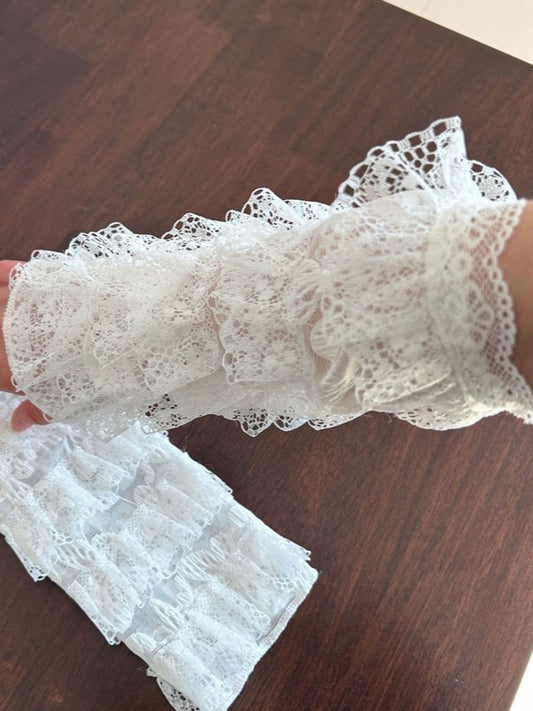 White Lolita Floral Pattern Sleeves With Hollow-out Lace Ruffled Cuffs And Self-tie Straps