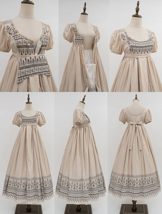 Foldover Design Neckline Blue Vintage Embroidery Empire Waist Elegant Lolita One Piece Long/Short Version