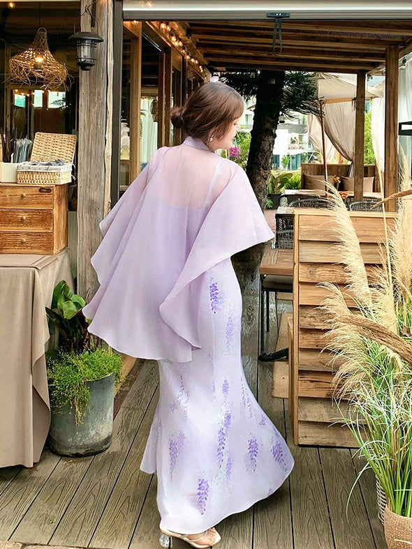 Plus Size Cheongsam Style Cape Design Purple Wisteria Print Qipao Dress