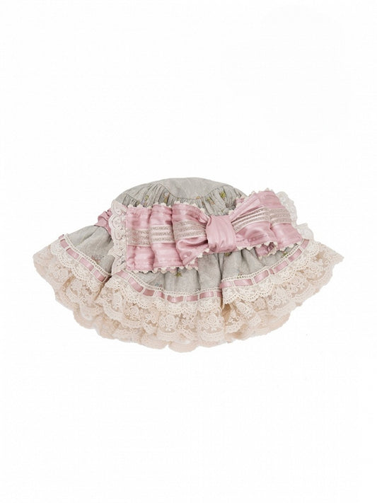 Cream/Green/Pink Lace-Trimmed Sweet Lolita Hat with Bow Accent