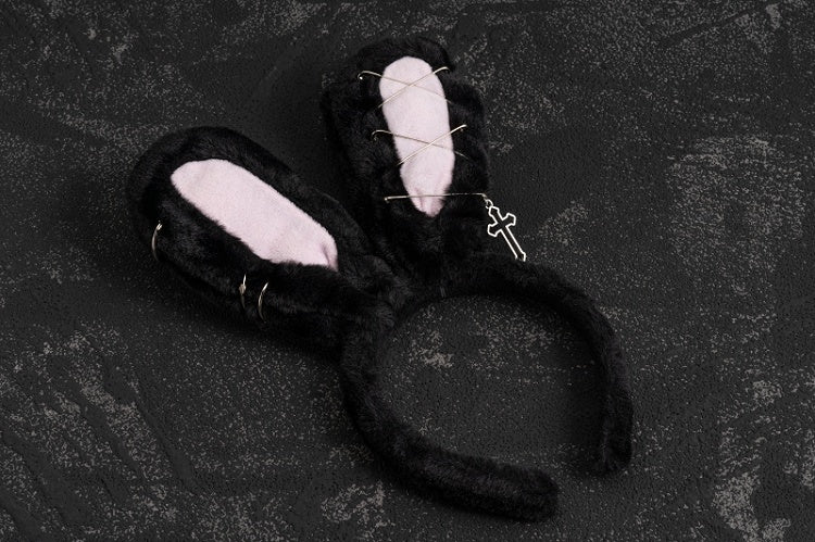 Pins Cross Details Gothic Black Plush Bunny Ears KC