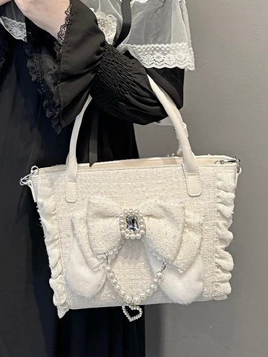 White Triple-Carry Handbag with Ruffles Trim in Elegant Lolita - Beaded And Rhinestone Heart Charm & Plush Bunny Ear Bow