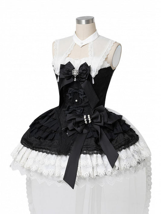 Black and White Bows Decorated Tiered Skirt Gothic Lolita Dress