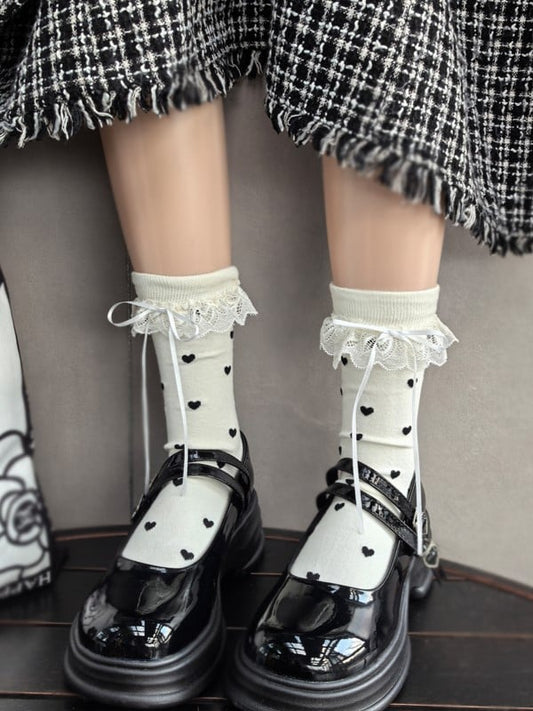Black/White/Yellow/Gray Heart Print Bowknot Details Lace Ruffled Cuffs Calf Socks