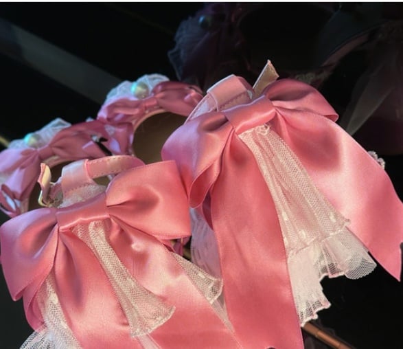 Clearance-Size 42 Pink Bows Lace Trim Rhinestone Ankle Strap 14CM Block Heel Hime Lolita Shoes with Beaded Chains