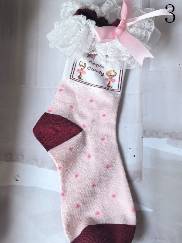 Pink Lolita Polka-dot Pattern Bowknot Details Lace Ruffled Cuffs Calf Socks With Pearls