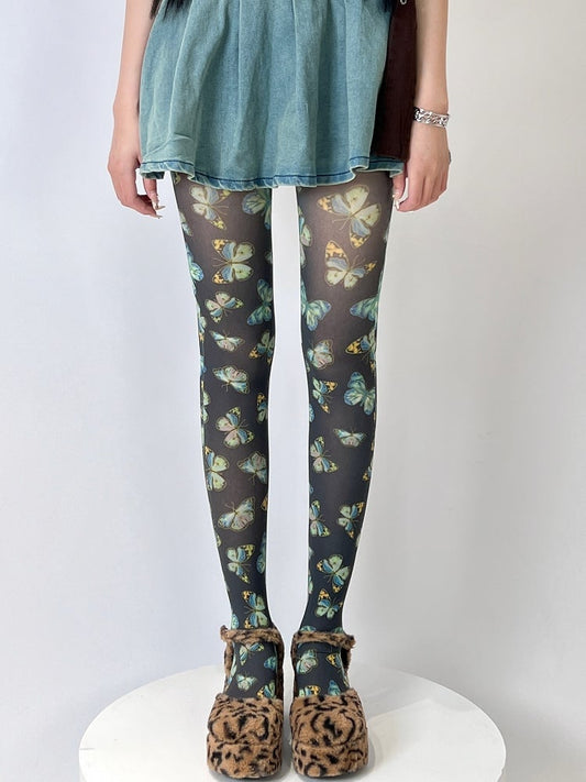 Yellow/Black Butterfly Print Tights