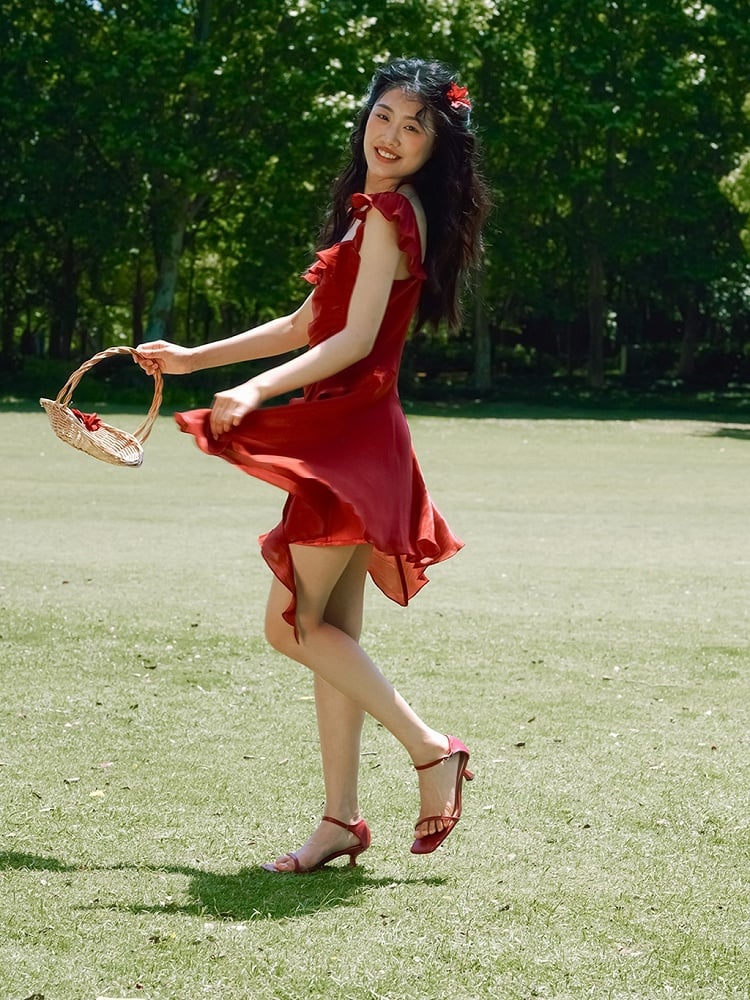 Red Vintage Flutter Sleeves Summer Dress