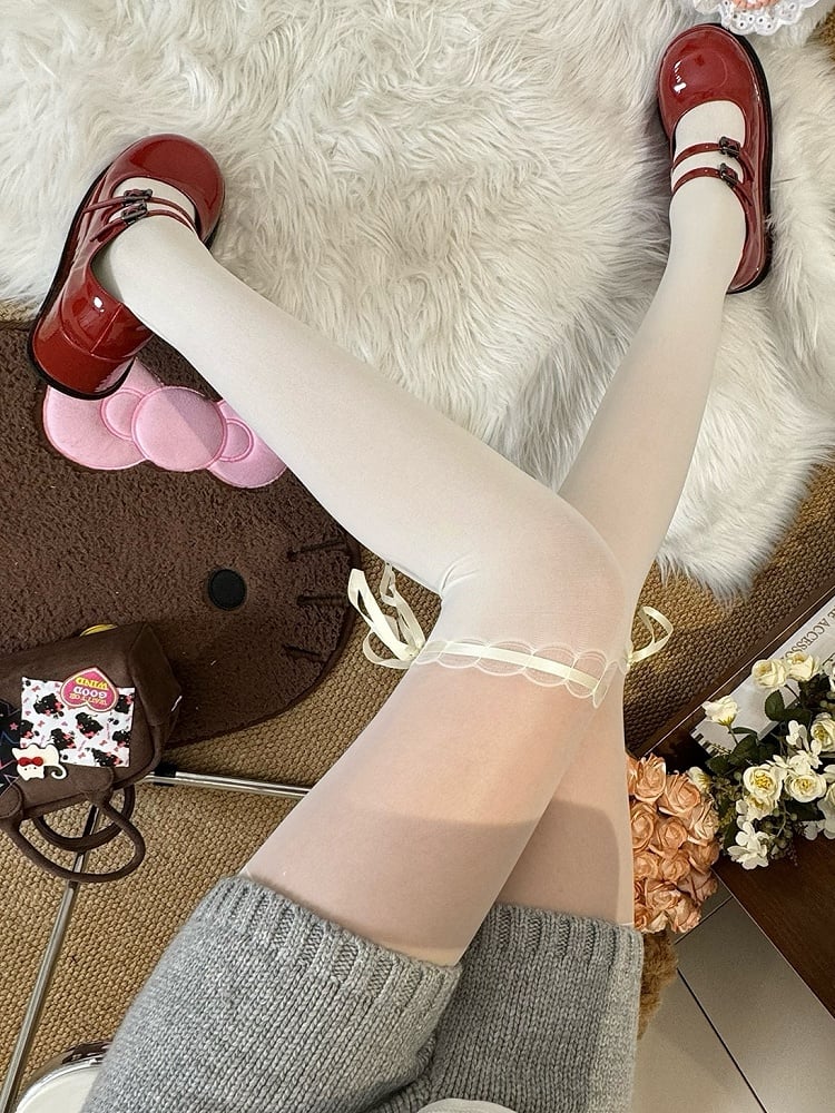 White Self-tie Straps Decorated Tights
