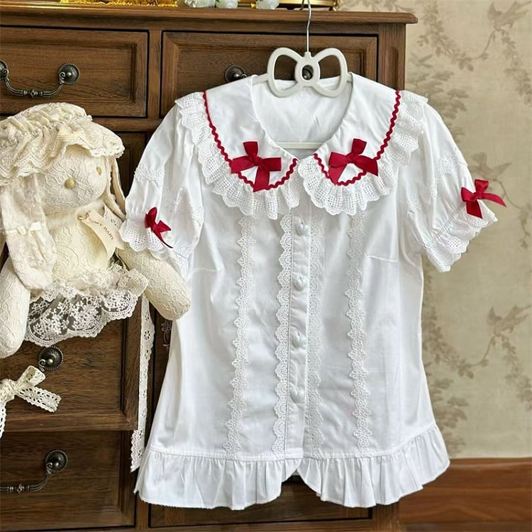 Red Bows White Round Flat Collar Short Sleeves Lolita Blouse