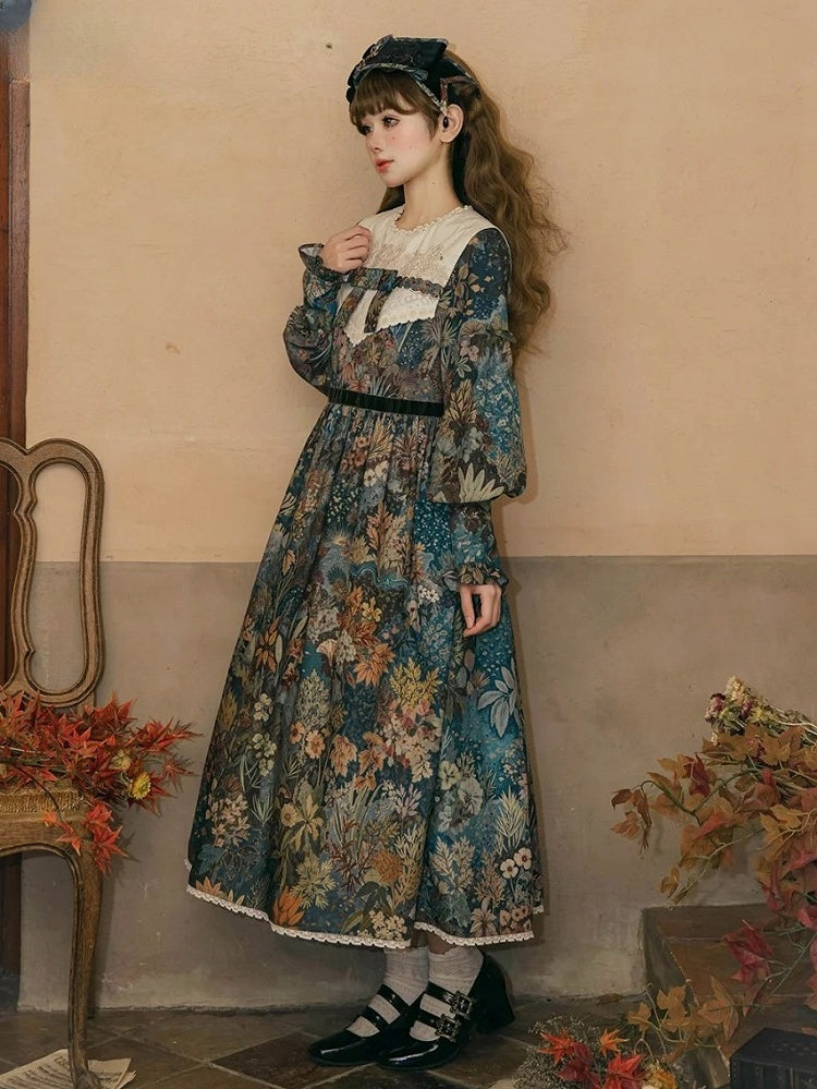Green & Blue Floral Print Long-Sleeve Elegant Classic Lolita Dress with Waist Belt