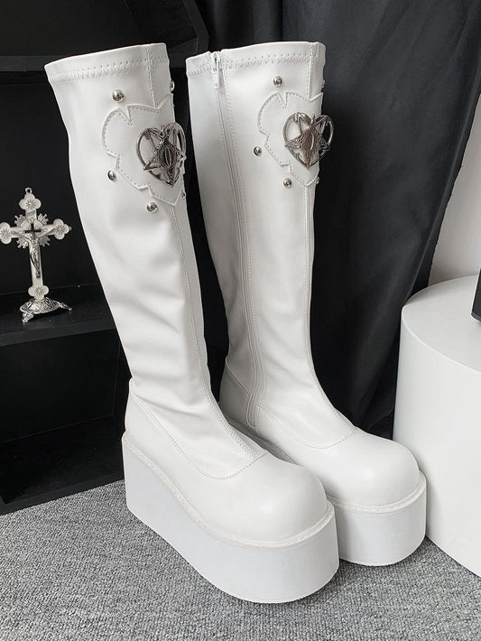 Heart Design Silver-tone Studs White Punk Boots