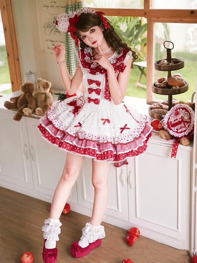 White and Red Polka-dot Bowknots on Bodice Tiered Skirt Sweet Lolita Jumper Skirt