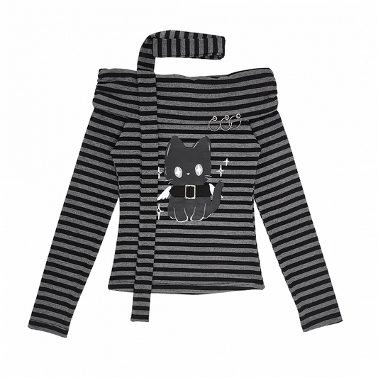 Bittersweet Kitten Print Off-the-shoulder Neckline Black and Gray Striped Top with Scarf