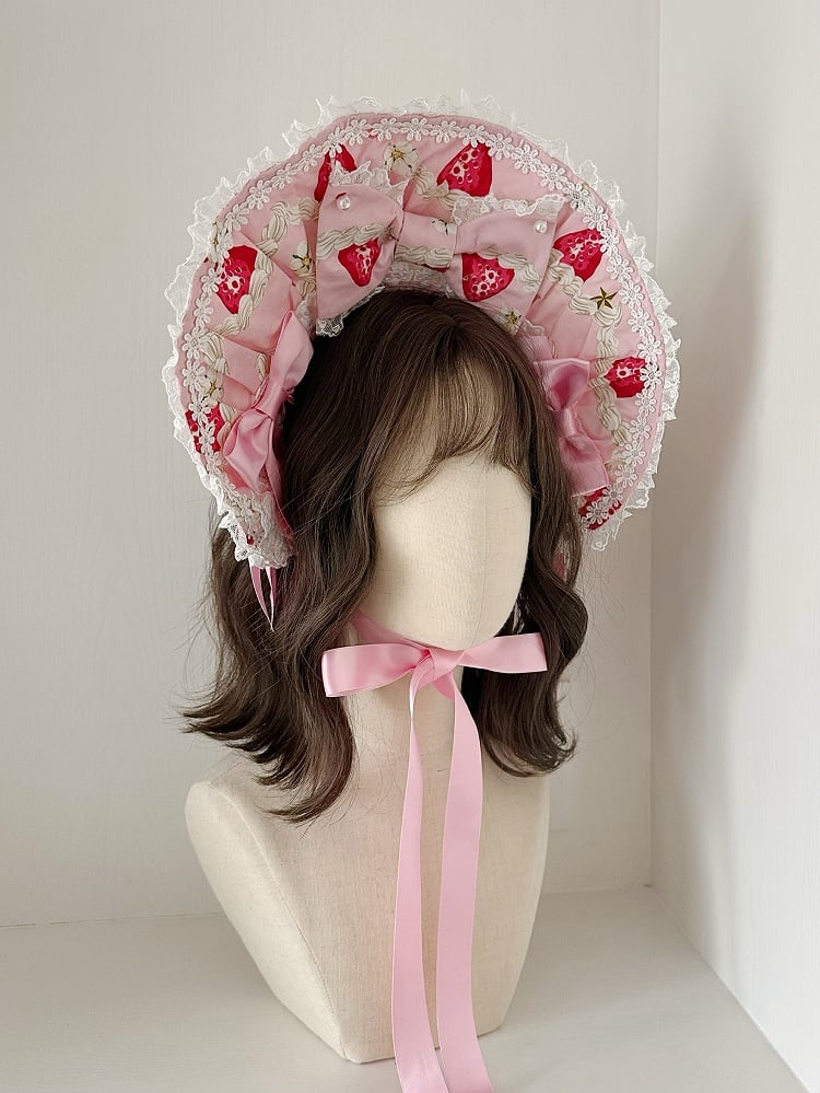 Pink Strawberry Print Lolita Bonnet