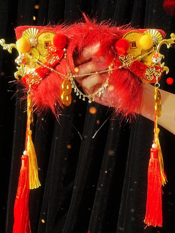 Red Cheongsam Style Tassel Charm Bowknot Details Cat Ear KC