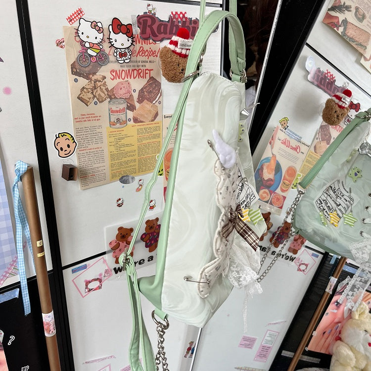 Y2K Light Green Convertible Bag with Quilted Bear Applique & Lace-Up Detail