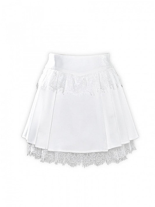 White Lace Raw Hem Fairy Goth Pleated Skirt