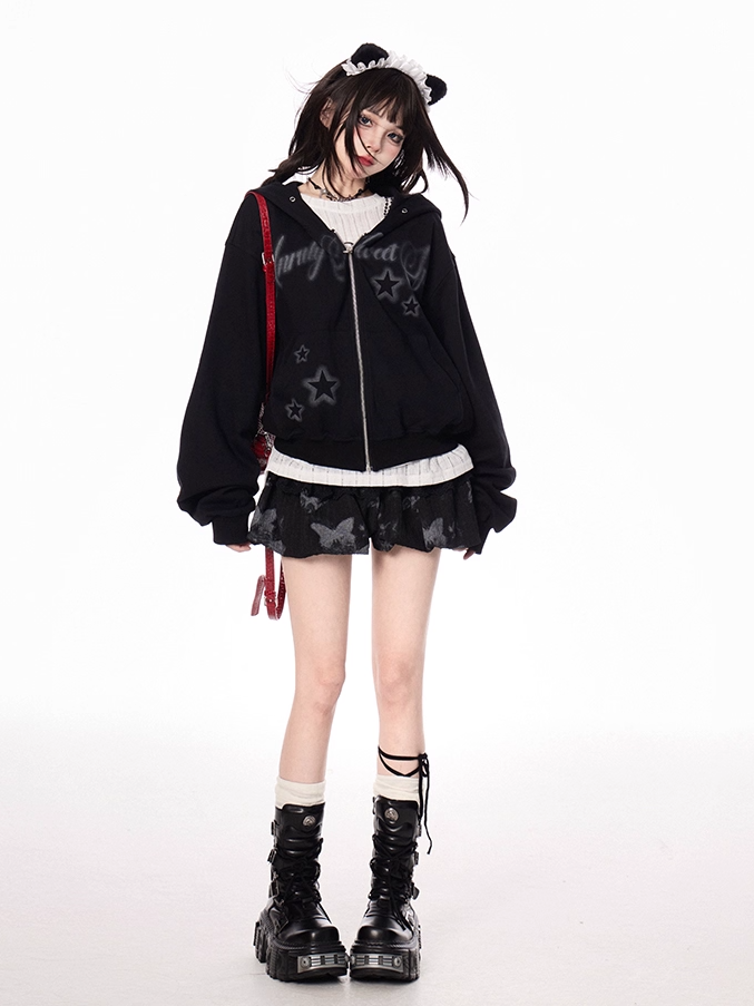 Black Letter and Star Print Zip-up Hoodie for Autumn