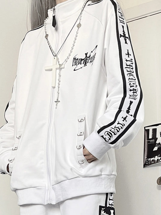 White Gothic Cross And Letter Print Sweatshirt Jacket
