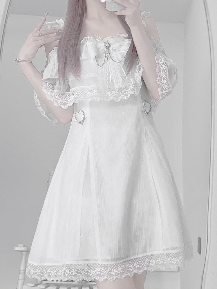 Jirai Kei White Off-the-shoulder Neckline Cape Design Dress with Chains Decorated Bowknot
