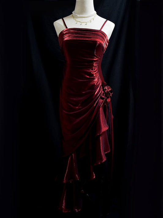 Dark Red Vintage Floral Dress Asymmetrical Hem Prom Gown