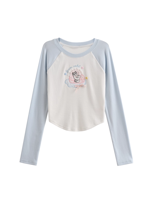 Cartoon Kitty Embroidery Blue and White Colorblock Design Top