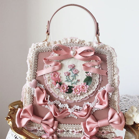 Elegant Classic Lolita Lace Handbag Adorned with Flower and Ribbon Bows – 9 Color Options