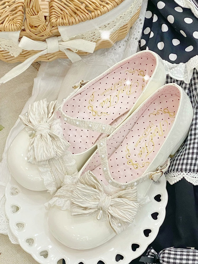 White Beaded Decorated Bow at Top 2.5CM/5CM Block Heels Round Toe Shoes