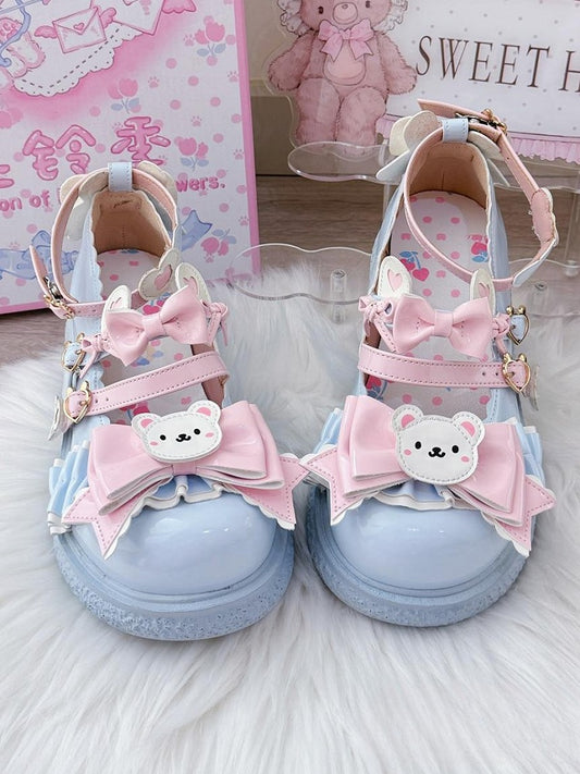 Sweet Blue Flat Shoes for Lolita Style with PU 3cm Flat, Teddy Motifs & Heart Decor