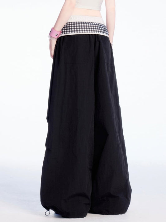 Plaid Patchwork Waist Drawstring Cuffs Black Wide-leg Casual Pants
