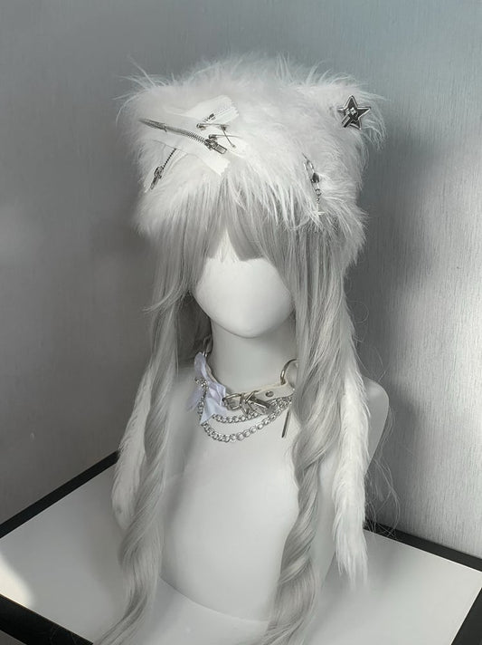 Black/White Pins and Zippers Accents Cat Ear Plush Hat