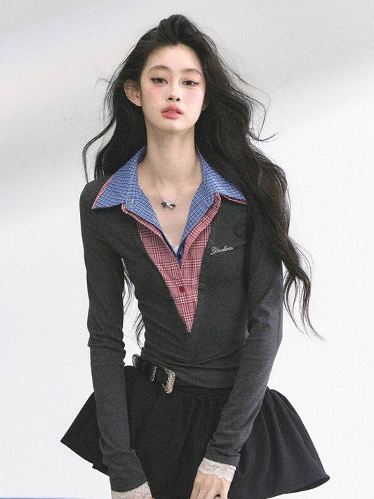 Red Plaid Collar Gray Slim-fitting Top Faux Two-pieces