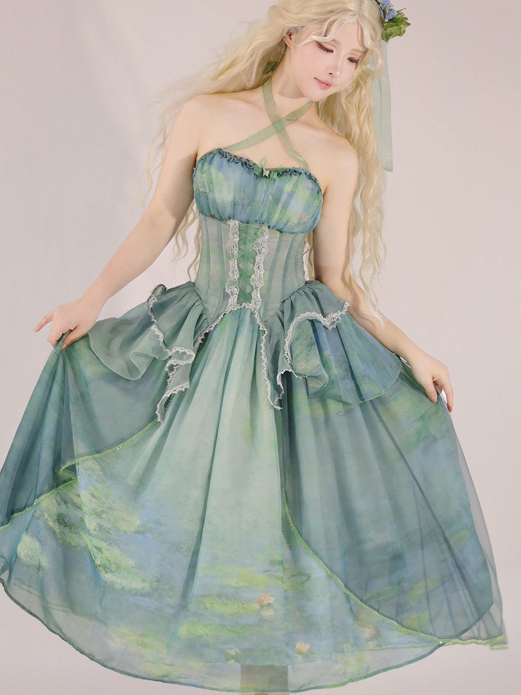 Green Fairy Oil Painting Print Tiered Flounce Hem Halter Boned Corset Top