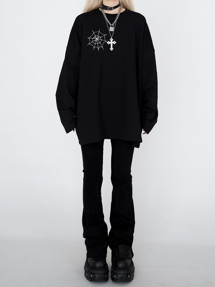 Spiderweb Embroidered Black Sweatshirt with Detachable Metal Spider