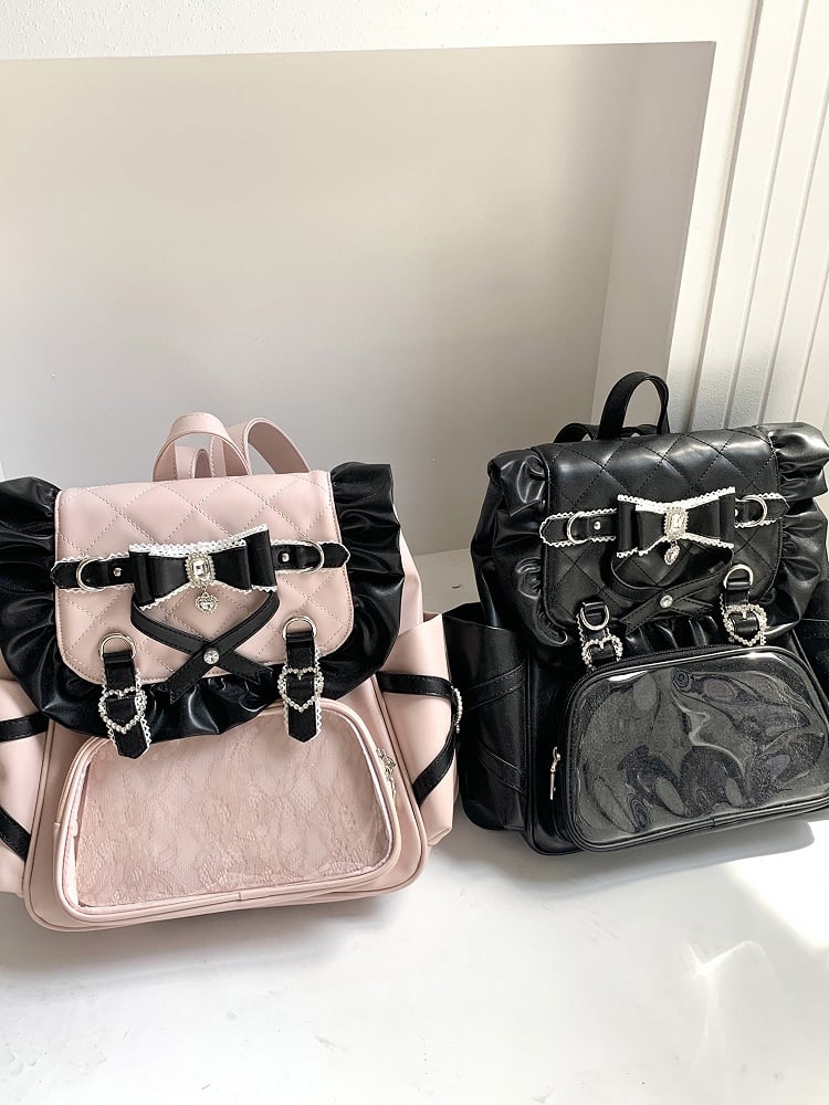 Jirai Kei Black / Black & Pink PU Backpack with Glitter Bow & Rhinestone Decor