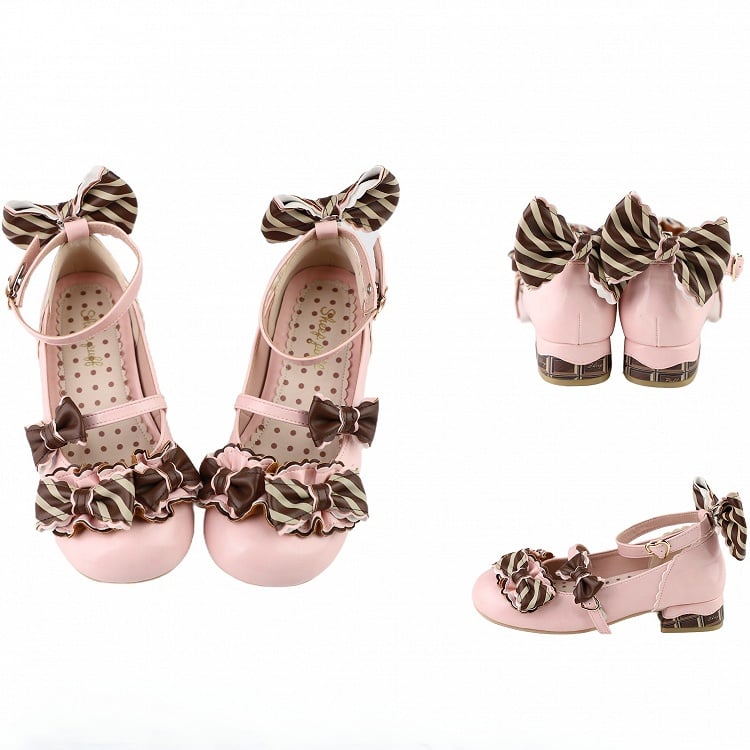 Pink&Brown Striped Pattern Bowknot Details Heart Buckle Lolita Shoes