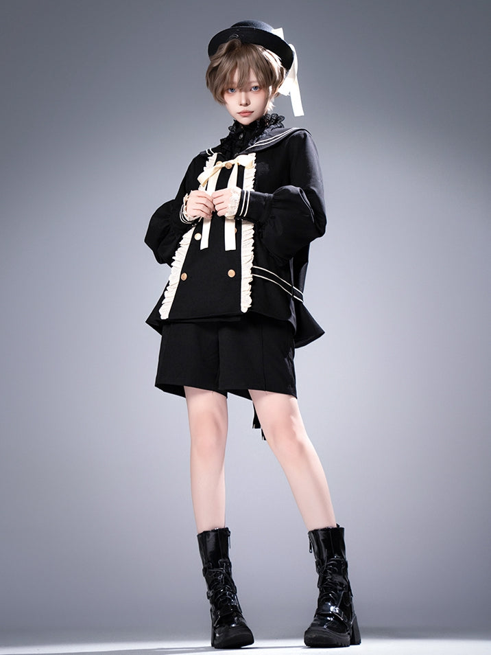 Ouji Lolita Black Hat with Beige Satin Bow