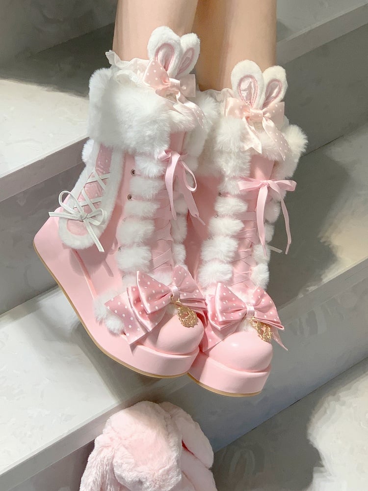 Sweet Strawberry Pink Lolita Boots - Bunny Details & Plush Cuff with Polka-dot Pattern Top Bow