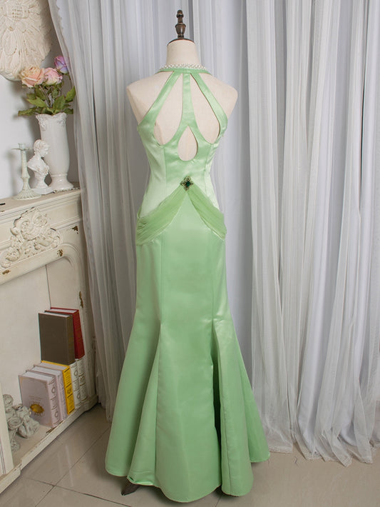 Light Green Cutout Back V-neck Vintage Mermaid Skirt Gown with Rhinestones