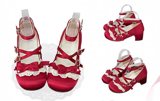 Red Bow at Top Crisscross Buckle Straps Sweet Lolita Block Heel Mary Janes