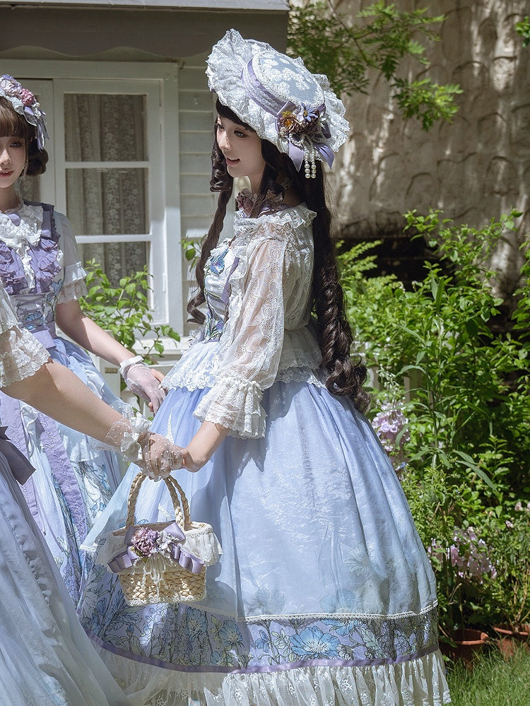 Purple Flowers and Beaded Bowknot Decorated White Hat