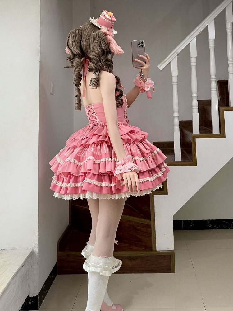 Rose Pink Sweet Bow Accents Tiered Ruffle Skirt Idol Lolita Halter Neck Dress