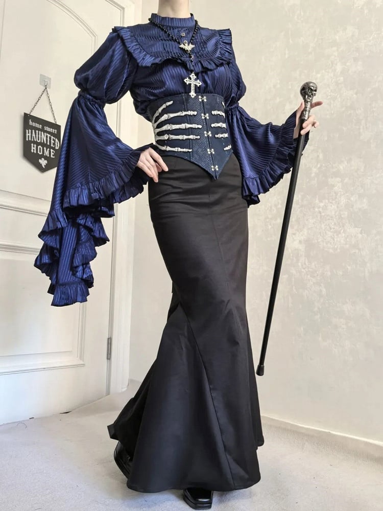 Hand bone Embroidery Dark Blue Gothic Lolita Snakeskin-grain Leather Corset Belt