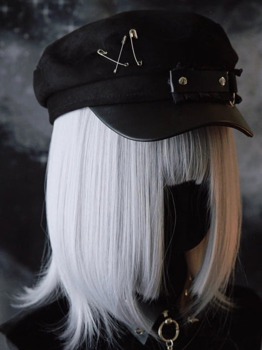 Black Gothic Pin Decorated Ruffled Trim Beret Hat