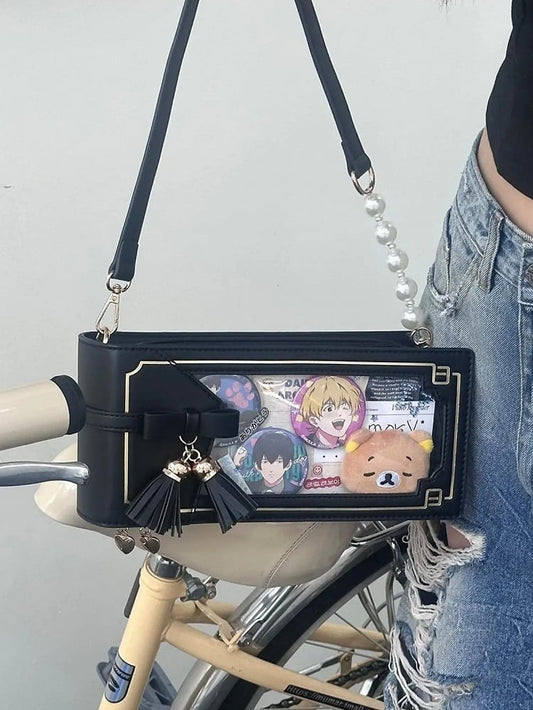 Black PU Floral Pattern Cheongsam Style Ita Bag With Bow & Fringe Accent