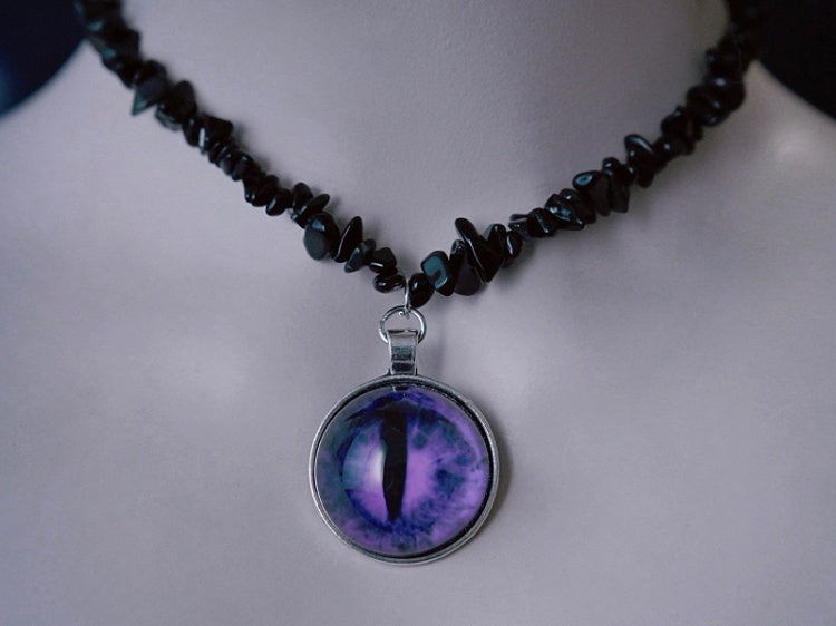 Purple Demon Eye Pendant Gothic Black Crushed Stone Necklace