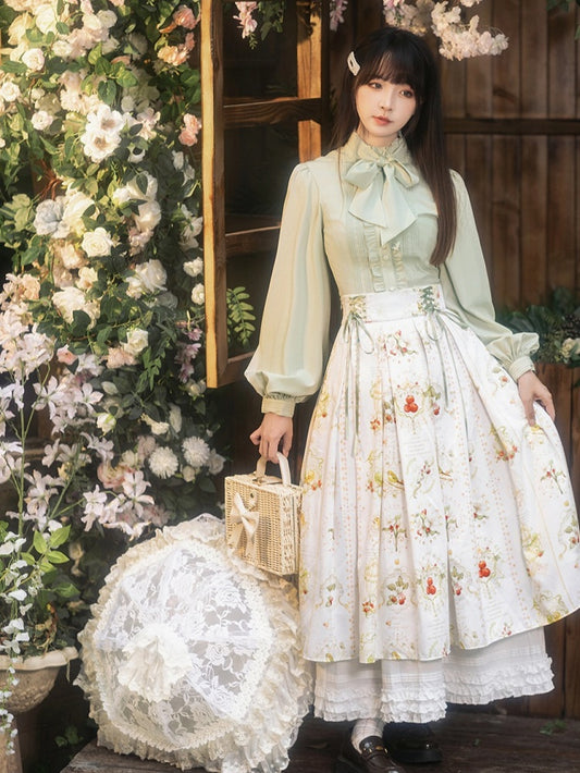 White Box Pleat Elegant Classic Lolita Skirt with Hawthorn and Bird Print and Green Lace-Up Waistband