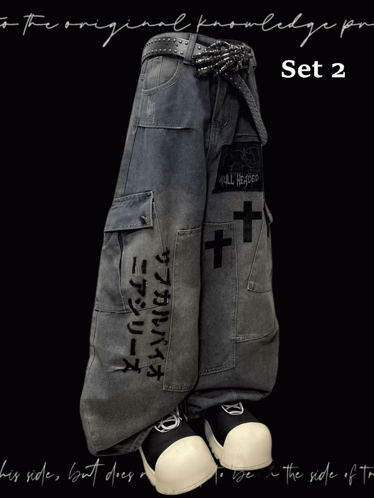 Blue Cross Applique Wasteland Punk Distressed Wide-leg Cargo Jeans