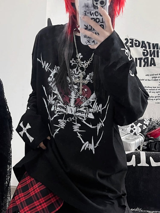 Black Emo Punk Cross And Letter Print Long Sleeves Top